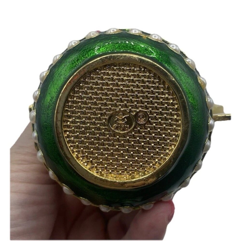 Signed Qifu Green Enamel Jeweled Arabian Nights Trinket Stash Ring Vanity Box - Picture 6 of 12